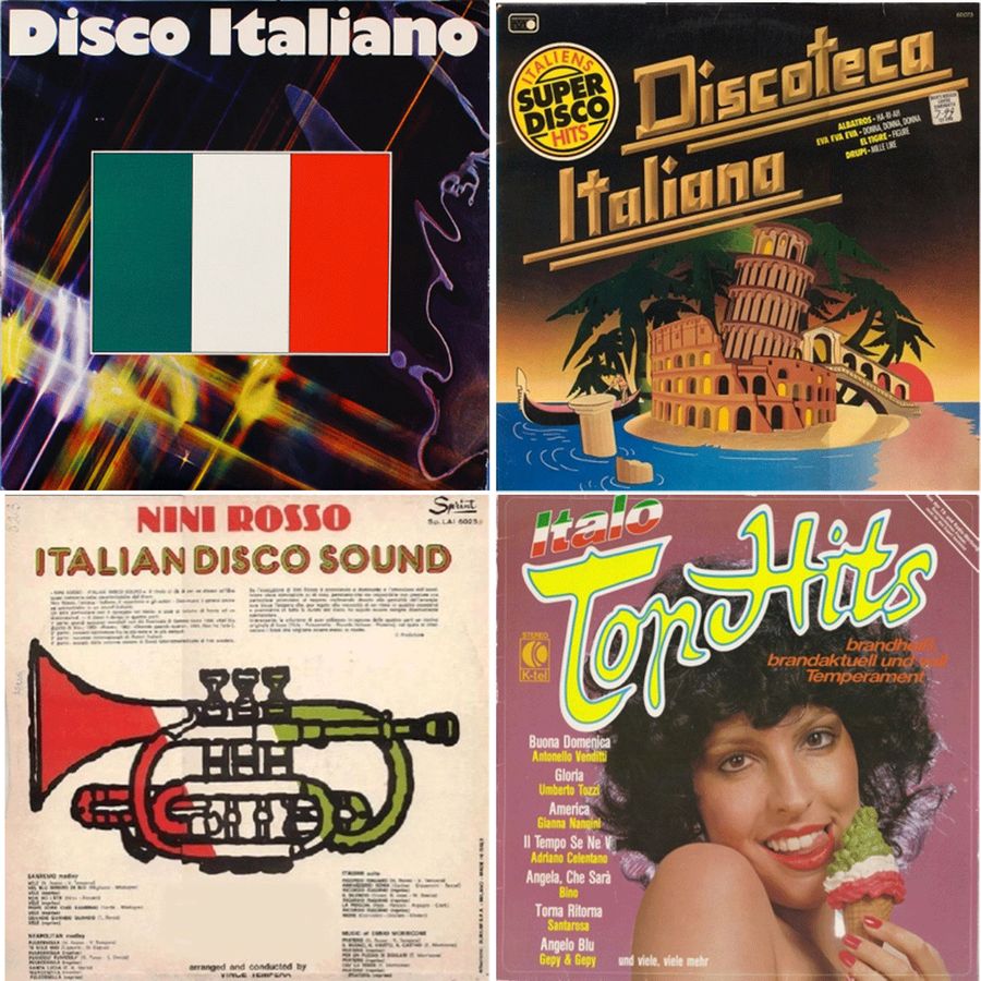 Four compilation album covers containing the word 'italo' or 'Italian disco'. These were released between 1977 and 1979, before the 1983 ZYX releases.