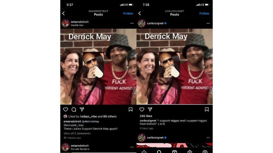 Two social media posts display a photograph of four people at a music festival. The people are huddled together to pose for the photo, but the face of DJ Derrick May has been superimposed over one of them.