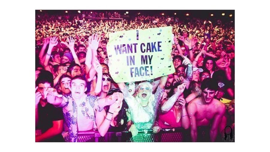 A packed crowd at a music festival. At front and centre a smiling person is covered in cake and holds a sign that reads: I WANT CAKE IN MY FACE!